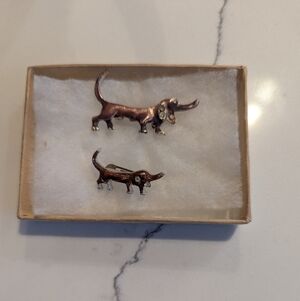 Vintage Enamel Dachshund Dog Brooch Set With Rhinestones